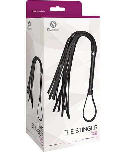 Flogger S Pleasures The Stinger, negru, cu 13 benzi și mâner cu curea