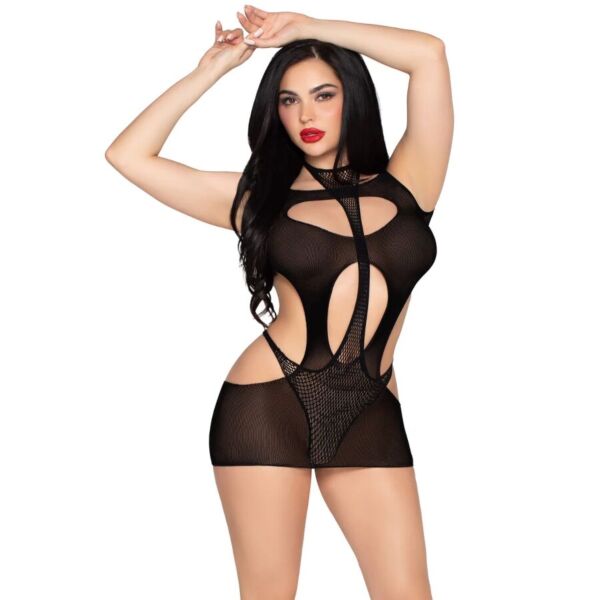 Set Leg Avenue Main Stage în negru: rochie mini cu deschizături peste un body din plasă cu guler halter