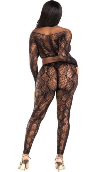 Set Leg Avenue Cold Blooded 89373 cu top scurt cu mânecă lungă și ciorapi fără labă din plasă neagră cu model de șarpe