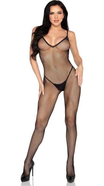 Bodystocking Leg Avenue 89375 din plasă neagră, cu detalii croșetate și deschidere în zona intimă