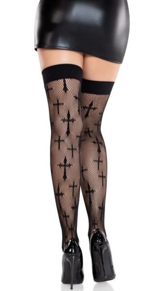 Ciorapi până la coapsă din plasă neagră Leg Avenue Worship Me, cu cruci în model