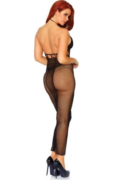 Rochie lungă din plasă Leg Avenue Power Move, neagră, cu decolteu halter și spate gol