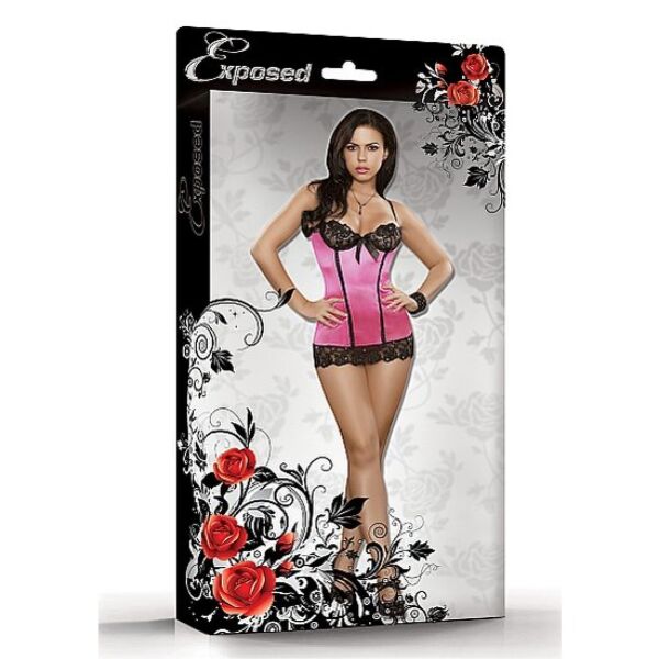 Cămașă de noapte Exposed Sequin Lace Chemise roz S/M, rochiță roz cu sutien negru și fundiță roz