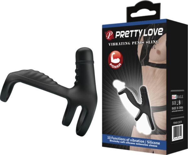 Manșon elastic negru Pretty Love Vibrating Penis Sling, cu bază tip inel și reliefuri