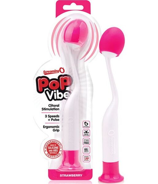 Baghetă de masaj Screaming O PoP Vibe Strawberry în roz și alb, cu cap flexibil