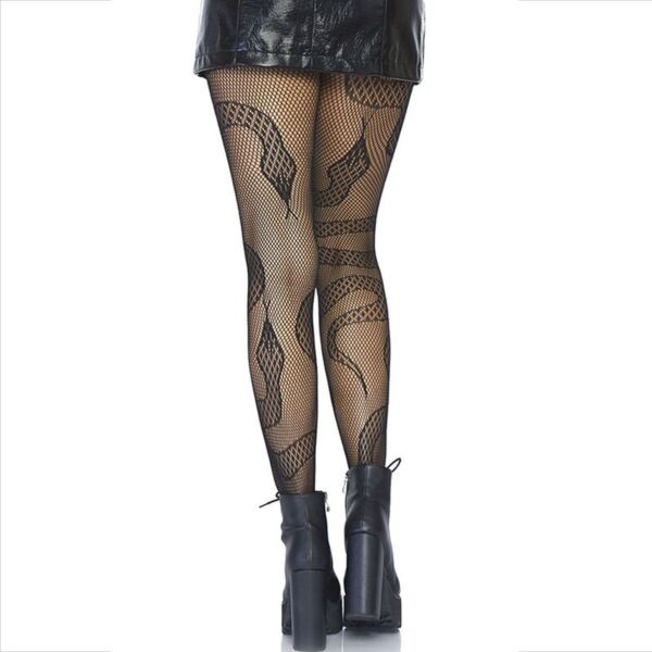 Dresuri negre cu plasă Leg Avenue Snake Net Tights, cu șerpi din dantelă pe plasă