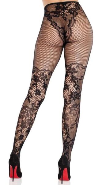 Dresuri din dantelă Leg Avenue Dahlia Lace Tights, negre, cu dantelă florală și plasă pe coapsă
