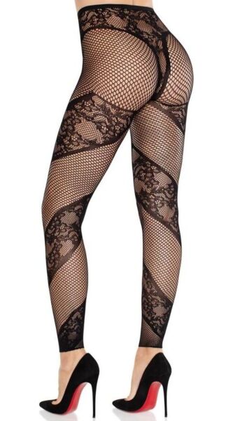 Dresuri fără talpă Leg Avenue Lace and Net Illusion, negre, din plasă cu panouri de dantelă