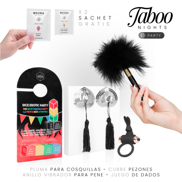 Pachet erotic Taboo Nights 5: Party cu joc cu zaruri, inel vibrator, acoperitoare pentru sfârcuri, pămătuf și geluri lubrifiante