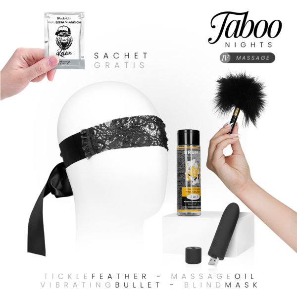 Set Taboo Nights 4 Massage cu ulei Bruma, vibrator bullet Geri, mască pentru ochi, pană și gel anal Black Hole