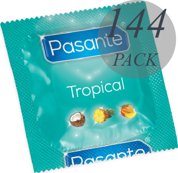 Cutie cu 144 de prezervative Pasante Tropical cu arome de mango, ananas și cocos