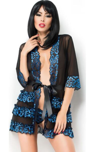 Halat Chilirose CR 3837 din tul albastru cu dantelă și cordon din satin