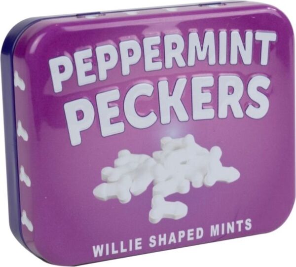 Cutie de bomboane de mentă Peppermint Peckers 30 g de la Spencer & Fleetwood, cu bomboane în formă de penis