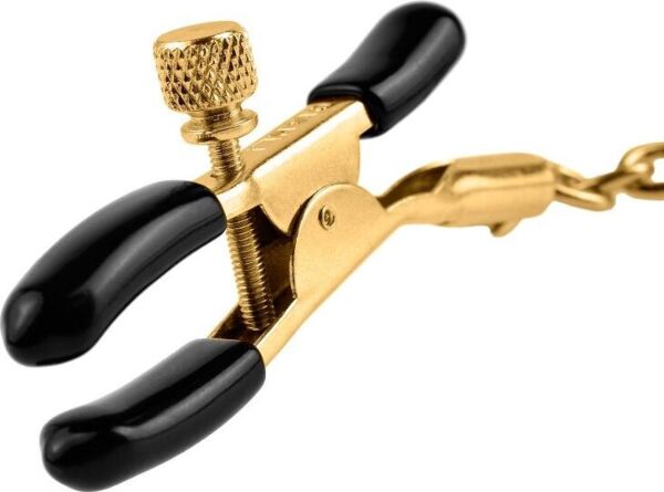Cleme pentru sfârcuri Fetish Fantasy Gold Chain Nipple Clamps aurii și negre, unite printr-un lanț
