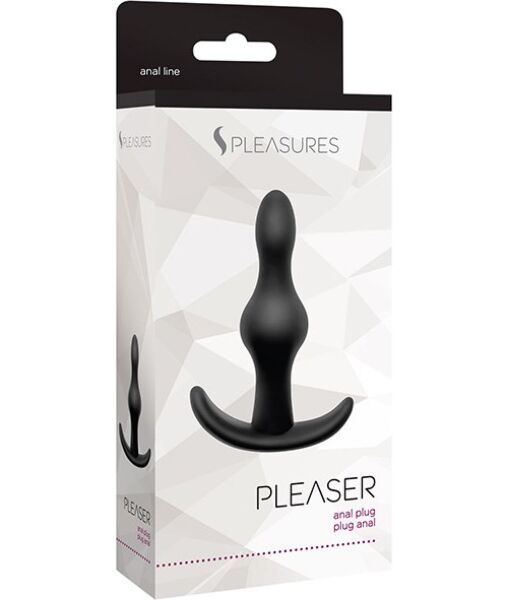 Dop anal S Pleasures Pleaser negru, cu două bile graduale și bază cu opritor
