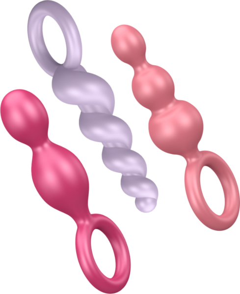 Set de trei dopuri anale Satisfyer Booty Call, în formă de spirală, de con și cu trei sfere