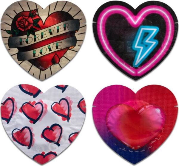 Prezervative Pasante Red Heart Shape 144, roșii, în plicuri în formă de inimă