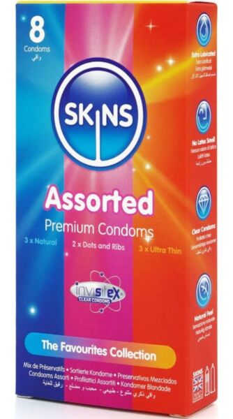 Pachet asortat de prezervative Skins cu modelele Natural, Dots & Ribs și Ultra Thin