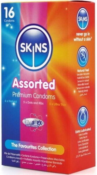 Cutie de prezervative Skins Asortiment 16 bucăți cu aromă de vanilie
