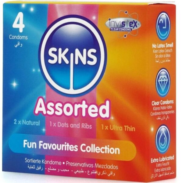 Cutie de prezervative SKINS Asortiment cu 4 bucăți de trei tipuri