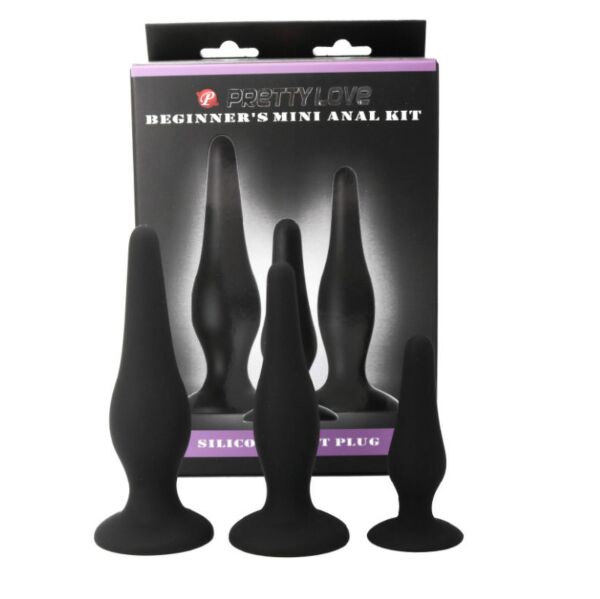 Cele trei dopuri anale din Pretty Love Initiation Kit, în mărime mică, medie și mare