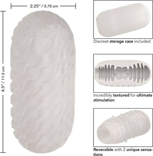 Masturbator CalExotics Boundless Reversible Ribbed Stroker alb, lângă etuiul său