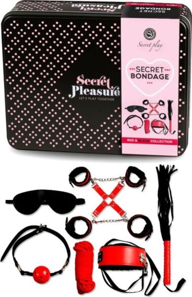 Set BDSM Secret Bondage Roșu și Negru de la Secret Play, cu piesele din piele ecologică și frânghia