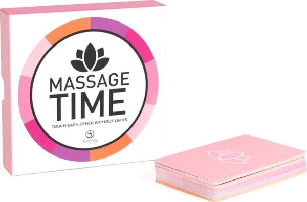 Cutia jocului erotic de masaj pentru cuplu Secret Play Massage Time, cu cărțile și zarul