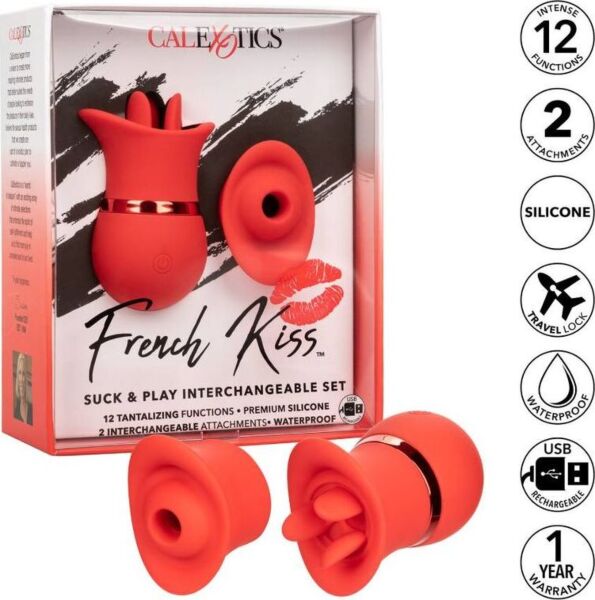Stimulator clitoridian cu aspirație CalExotics French Kiss Suck & Play Set, roșu, cu cele două accesorii interschimbabile