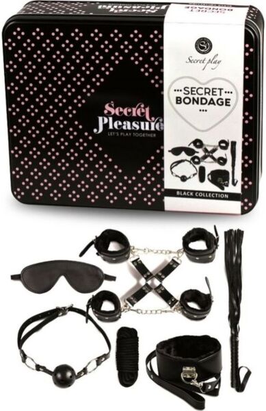 Set BDSM Secret Play Secret Bondage 8 piese negru, cu cătușe, bici, gag, mască, zgardă și frânghie