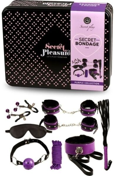 Set bondage Secret Play cu bici, cătușe, călușul cu bilă, frânghie, mască de ochi, guler și cleme, totul în negru