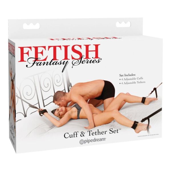 Set de bondage Pipedream Fetish Fantasy Cuff & Tether Set, cu manșete pentru mâini, manșete pentru glezne și legături din nailon