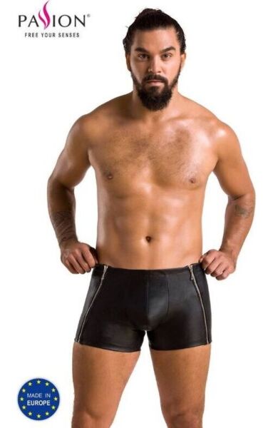 Boxeri bărbați Passion 049 Short Matt, din piele ecologică neagră cu fermoare metalice