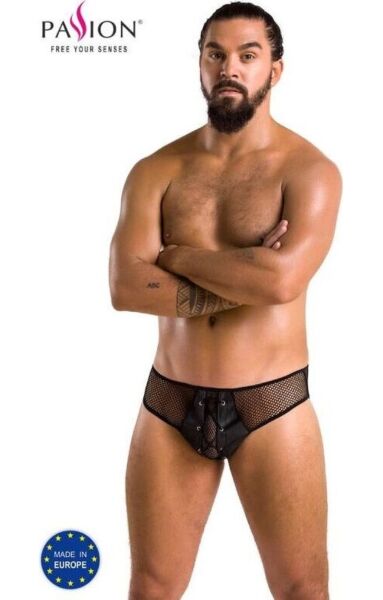 Slip pentru bărbați Passion Richard, din plasă și piele ecologică neagră, cu șnuruire în față