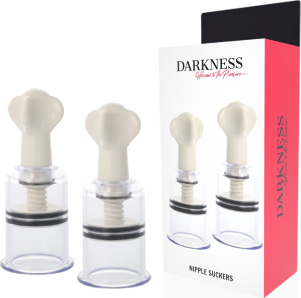 Pompe pentru sfârcuri Darkness, set de două cupe din plastic alb și transparent, cu mâner
