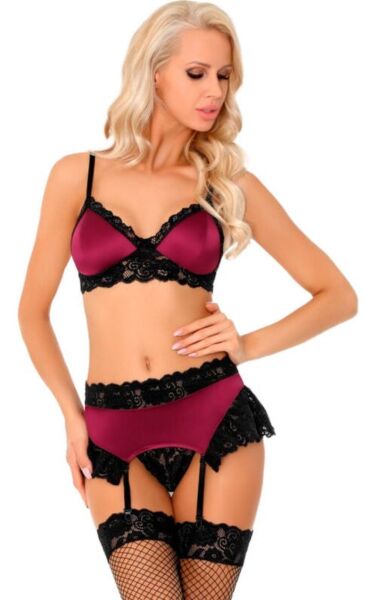 Set de lenjerie Livco Corsetti bordo și negru, cu sutien, port-jartier și tanga