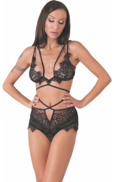 Set de lenjerie Livco Corsetti Dresden cu sutien și chiloți hipster negri cu catarame aurii