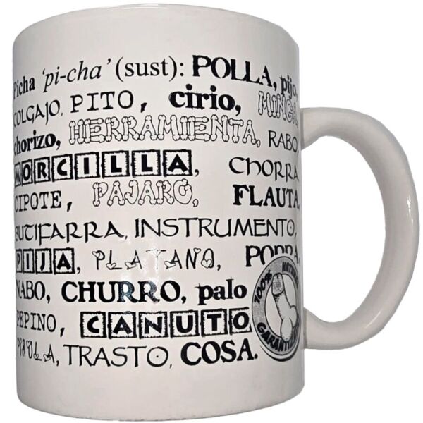 Cană ceramică albă Diablo Picante de 370 ml, cu sinonime pentru penis scrise cu negru