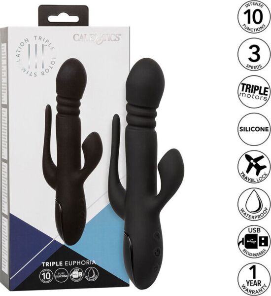 Vibrator rabbit CalExotics Triple Euphoria cu tijă, stimulator clitoridian cu aspirație și codiță