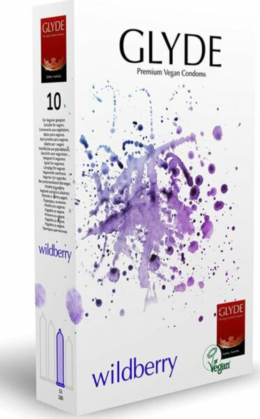 Cutie cu 10 prezervative Glyde Ultra Wildberry cu aromă de mure