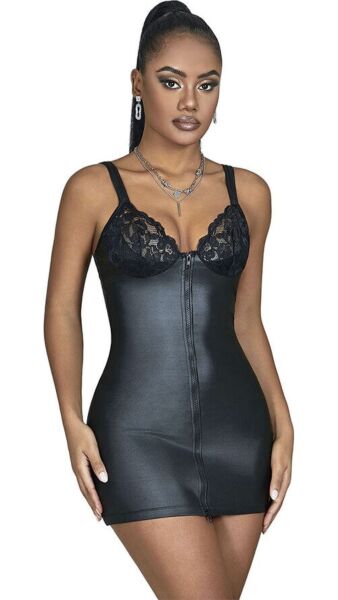 Lenjerie Subblime Black PU Leather Lace Zipper neagră, cu aspect de piele, dantelă florală și fermoar în față
