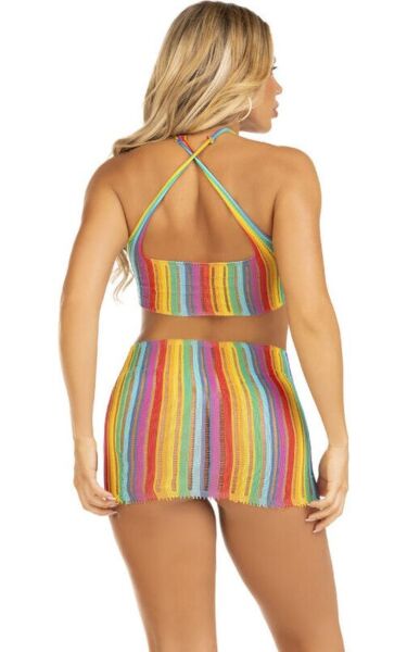 Rochie mini Leg Avenue Technicolor Dream cu dungi curcubeu, guler halter și bretele încrucișate