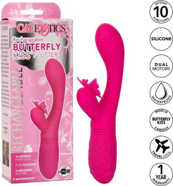 Vibrator CalExotics Butterfly Kiss Flutter roz, cu brațul pentru punctul G și fluturele