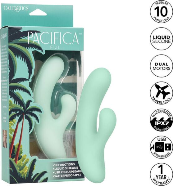 Vibrator punct G CalExotics Pacifica Fiji din silicon transparent verde, cu ax curbat și al doilea stimulator