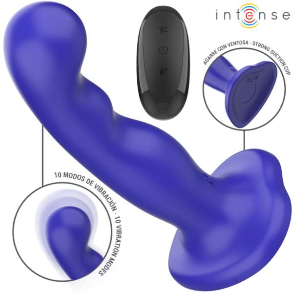 Vibrator Intense Shorty albastru, cu relief cu adâncituri și ventuză la bază