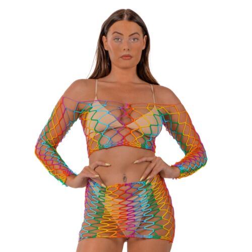 Lencerie Sexy Lace Rainbow Crop Top și Fustă