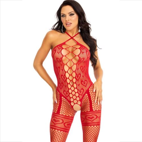 Bodystocking Lingerie Leg Avenue cu guler halter și inimioare