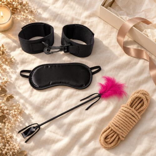 Set de bondage ușor pentru începători cu cătușe, mască, cravașă și frânghie – imagine de ambianță (imagine generată cu IA)