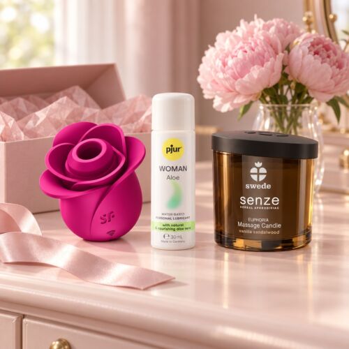 Set cadou pentru ea cu Satisfyer Pro 2 și lumânare de masaj – imagine de ambianță (imagine generată cu IA)