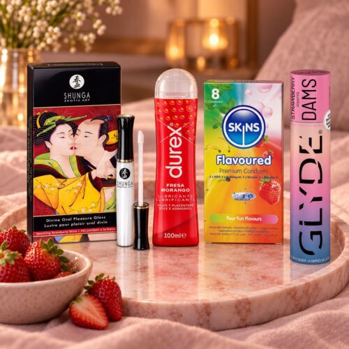 Set pentru sex oral cu gloss, lubrifiant și prezervative aromate – imagine de ambianță (imagine generată cu IA)